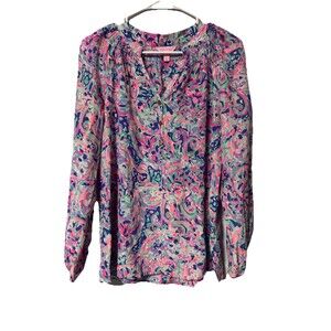 Lilly Pulitzer Pink Paisley Silk V-Neck Long Sleeve Top Blouse Size Small